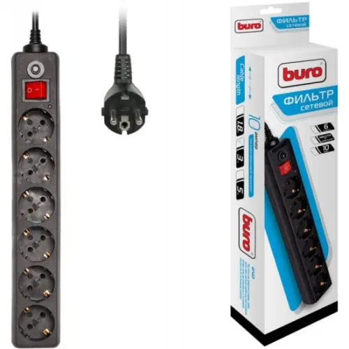 Сетевой фильтр Buro 600SH-1.8-B 1.8м (6 розеток) черный Сетевые фильтры купить в Барнауле